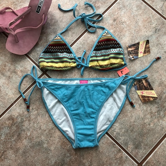 Blue Crochet Boho Pink Sands Bikini Swimsuit, L - Picture 2 of 10